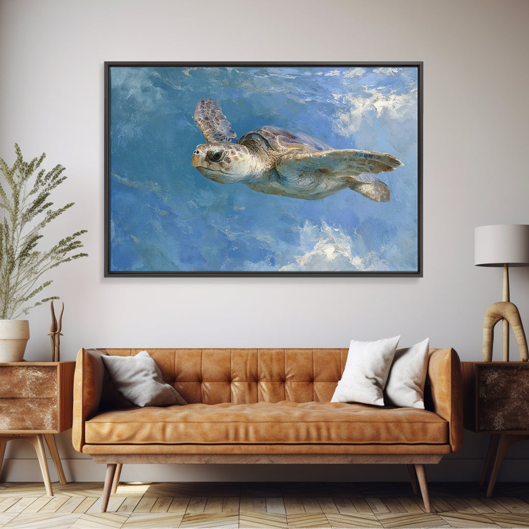 Sea Turtle Gliding Through Clear Blue Water Framed Canvas Print, Marine Life Art, Original Artwork, Living Room Decor, Marine, MLA-3x2-77