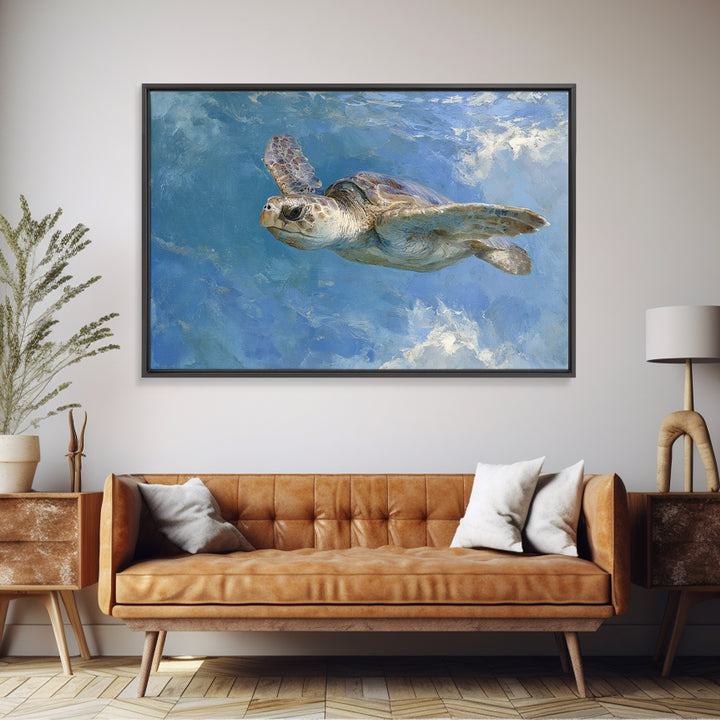 Sea Turtle Gliding Through Clear Blue Water Framed Canvas Print, Marine Life Art, Original Artwork, Living Room Decor, Marine, MLA-3x2-77
