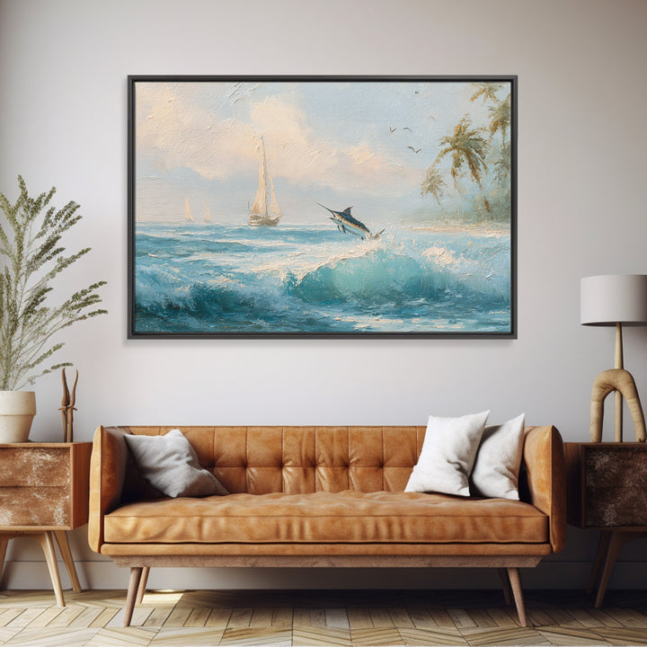 Sailfish Leaping in Dramatic Motion Framed Canvas Print, Marine Life Art, Nautical Wall Decor, Living Room Decor, MLA-3x2-97