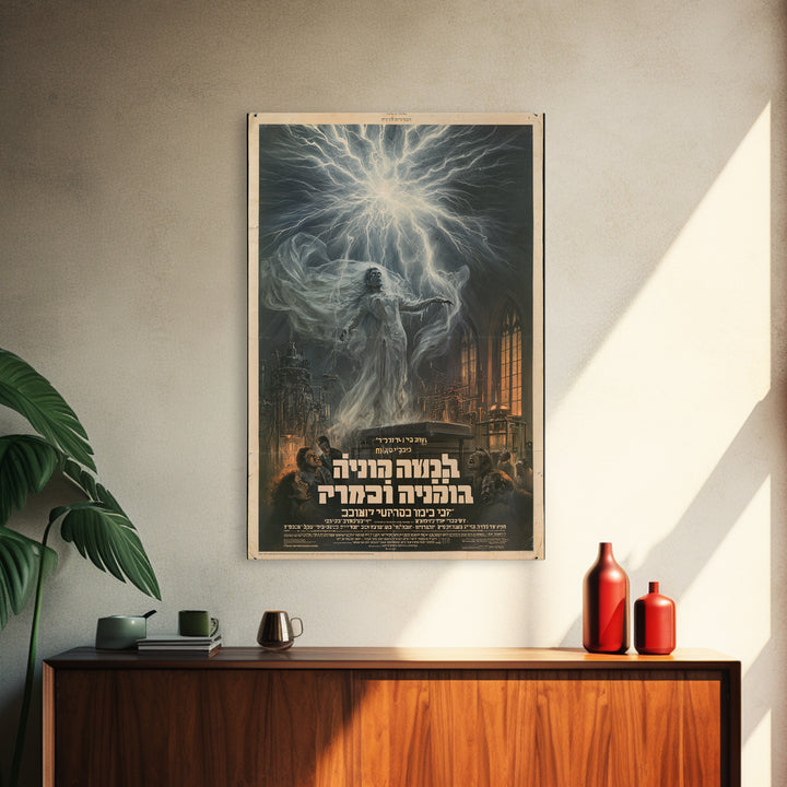 The Stitched Bride Of Thunder Hall, Hebrew Horror Film Poster, Retro Gothic Cinema Art, Vintage Halloween Wall Art, Framed Canvas Print