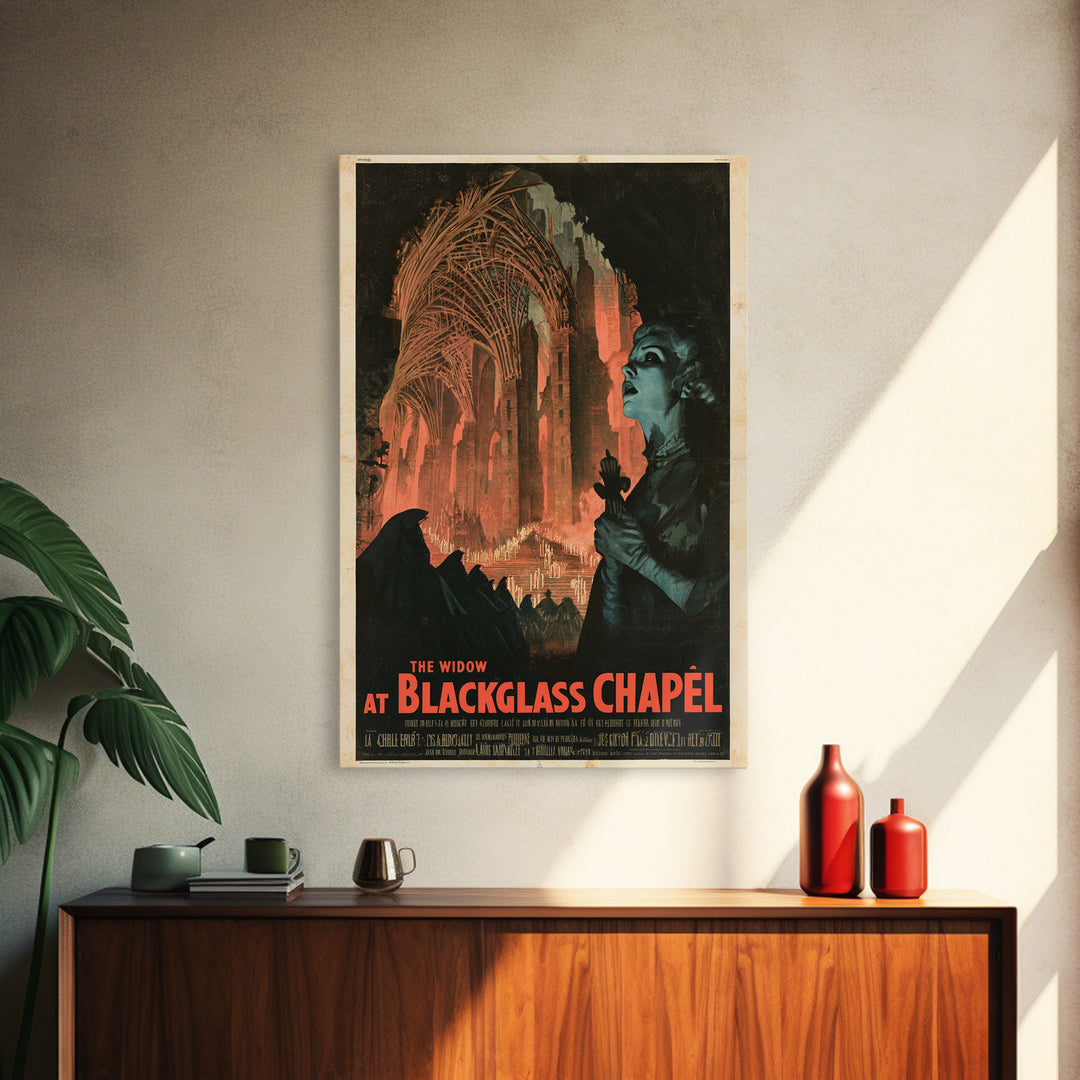 The Widow At Blackglass Chapel, French Horror Film Poster, Retro Gothic Cinema Art, Vintage Halloween Wall Art, Framed Canvas Print