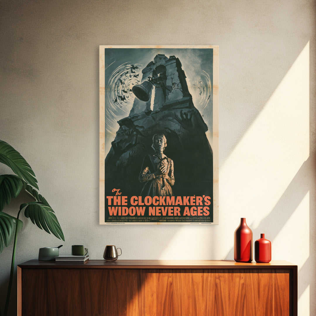 The Clockmaker's Widow Never Ages, French Horror Film Poster, Retro Gothic Cinema Art, Vintage Halloween Wall Art, Framed Canvas Print
