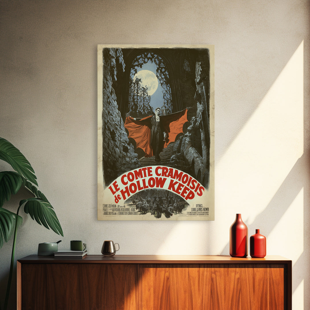 The Crimson Count Of Hollow Keep, French Horror Film Poster, Retro Gothic Cinema Art, Vintage Halloween Wall Art, Framed Canvas Print