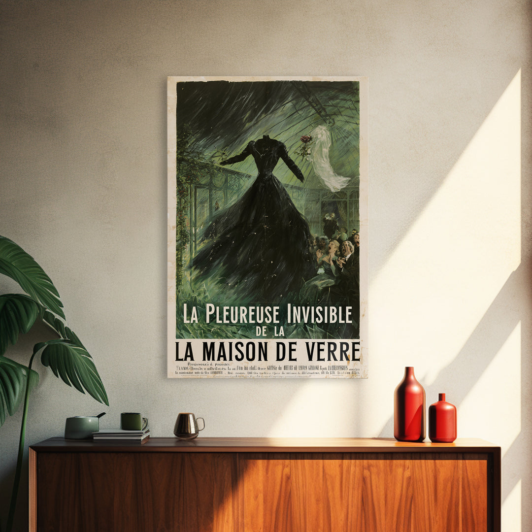 The Invisible Mourner Of Glass House, French Horror Film Poster, Retro Gothic Cinema Art, Vintage Halloween Wall Art, Framed Canvas Print