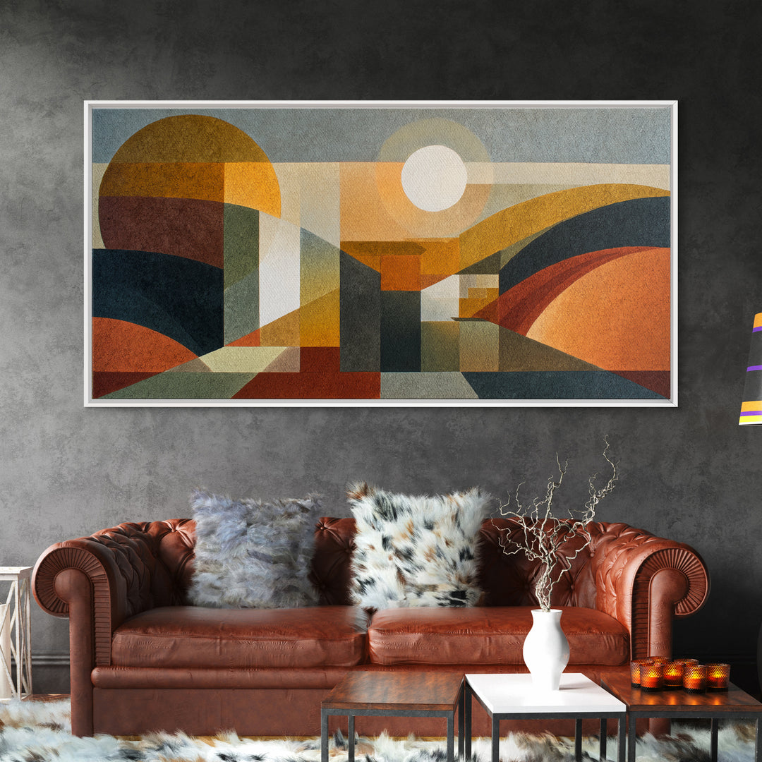 Large Sun and Hill Shapes Framed Canvas Print, Midcentury Modern Art, Art Print, Living Room Decor, Retro, Abstract Wall Art, MMA-2x1-1