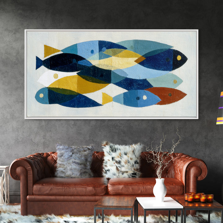 Abstract Fish Shapes Framed Canvas Print, Midcentury Modern Art, Luxury Decor, Living Room Decor, Abstract Art, Retro, MMA-2x1-38