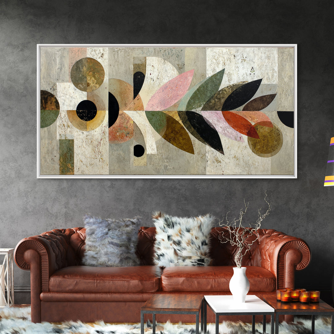 Bird Motif with Playful Geometric Feathers Framed Canvas Print, Midcentury Modern Art, Digital Print, Living Room Decor, Retro, MMA-2x1-80