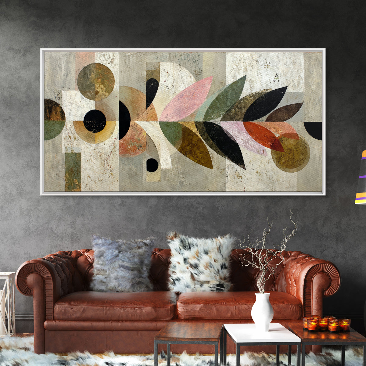 Bird Motif with Playful Geometric Feathers Framed Canvas Print, Midcentury Modern Art, Digital Print, Living Room Decor, Retro, MMA-2x1-80