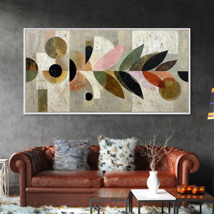Bird Motif with Playful Geometric Feathers Framed Canvas Print, Midcentury Modern Art, Digital Print, Living Room Decor, Retro, MMA-2x1-80