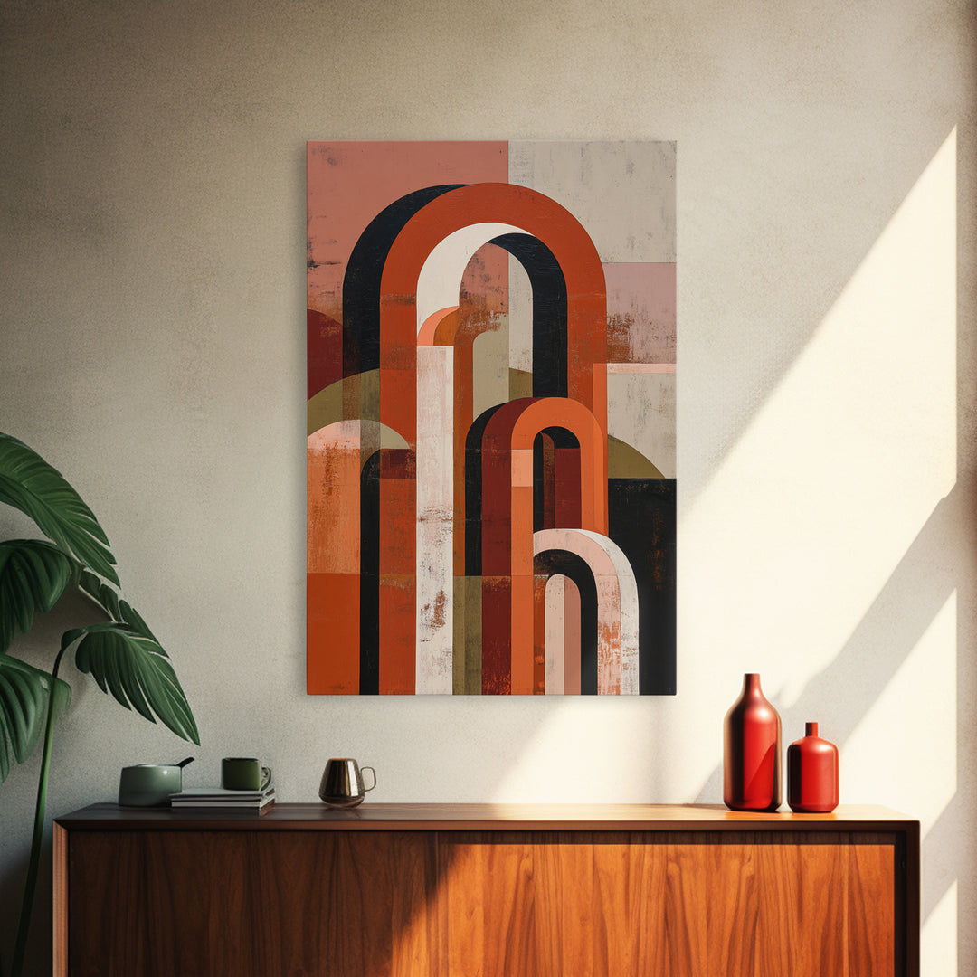 Stacked Arches in Burnt Orange and Cream Framed Canvas Print, Midcentury Modern Art, Prints, Living Room Decor, Oil Painting, MMA-2x3-21
