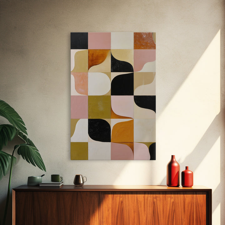 Checkerboard and Organic Blob Balance Framed Canvas Print, Midcentury Modern Art, Minimalist Decor, Living Room Decor, Retro, MMA-2x3-30