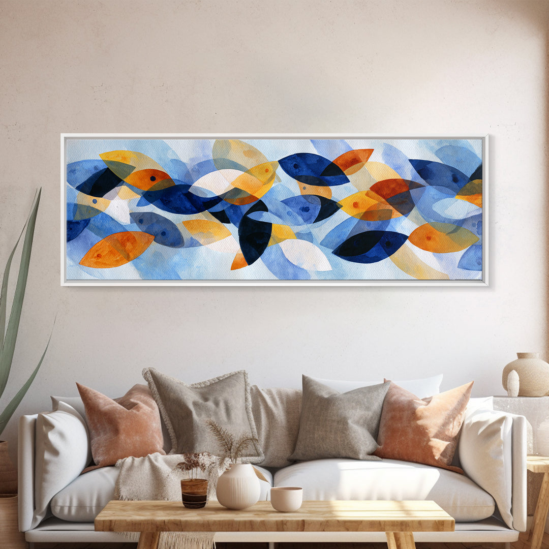 Abstract Fish Shapes Framed Canvas Print, Midcentury Modern Art, Digital Prints, Living Room Decor, Abstract Art, Retro, MMA-3x1-10