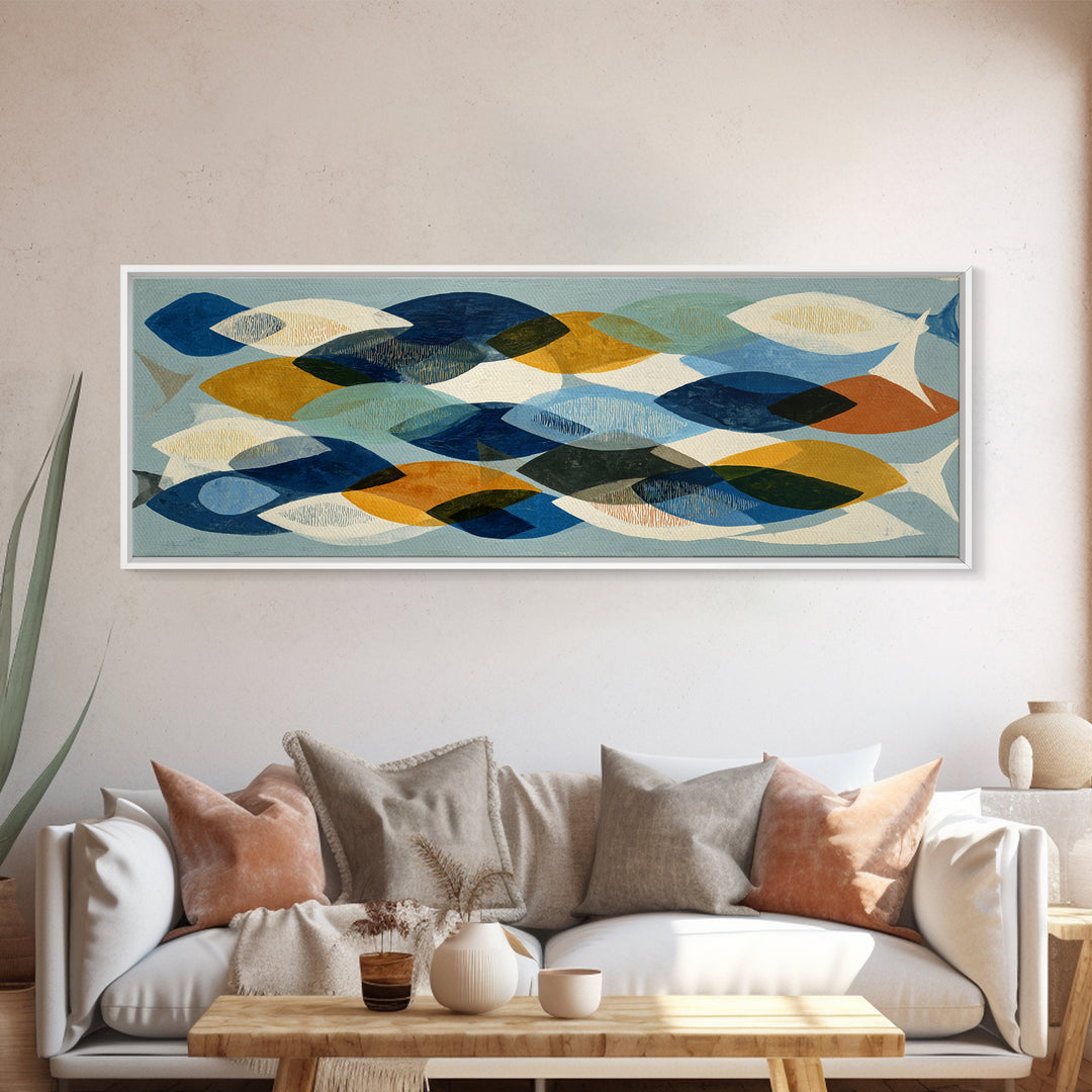 Abstract Fish Shapes Framed Canvas Print, Midcentury Modern Art, Digital Print, Living Room Decor, Retro, Minimalist Wall Art, MMA-3x1-82