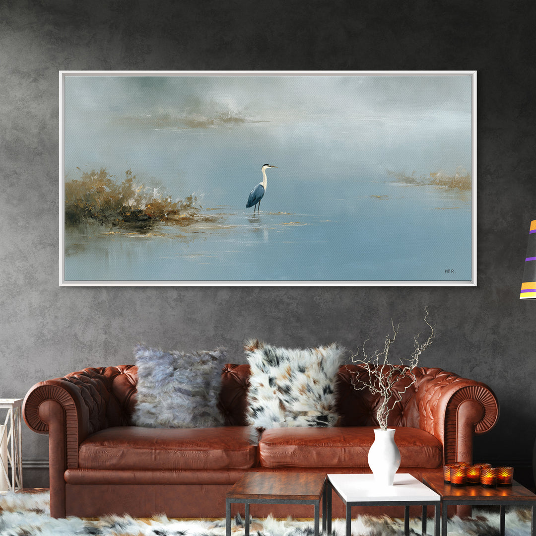 Blue Heron Standing Framed Canvas Print, Medical Office Art, Art Print, Office Decor, Calm, Printable Art, Minimalist Art, MOA-2x1-10