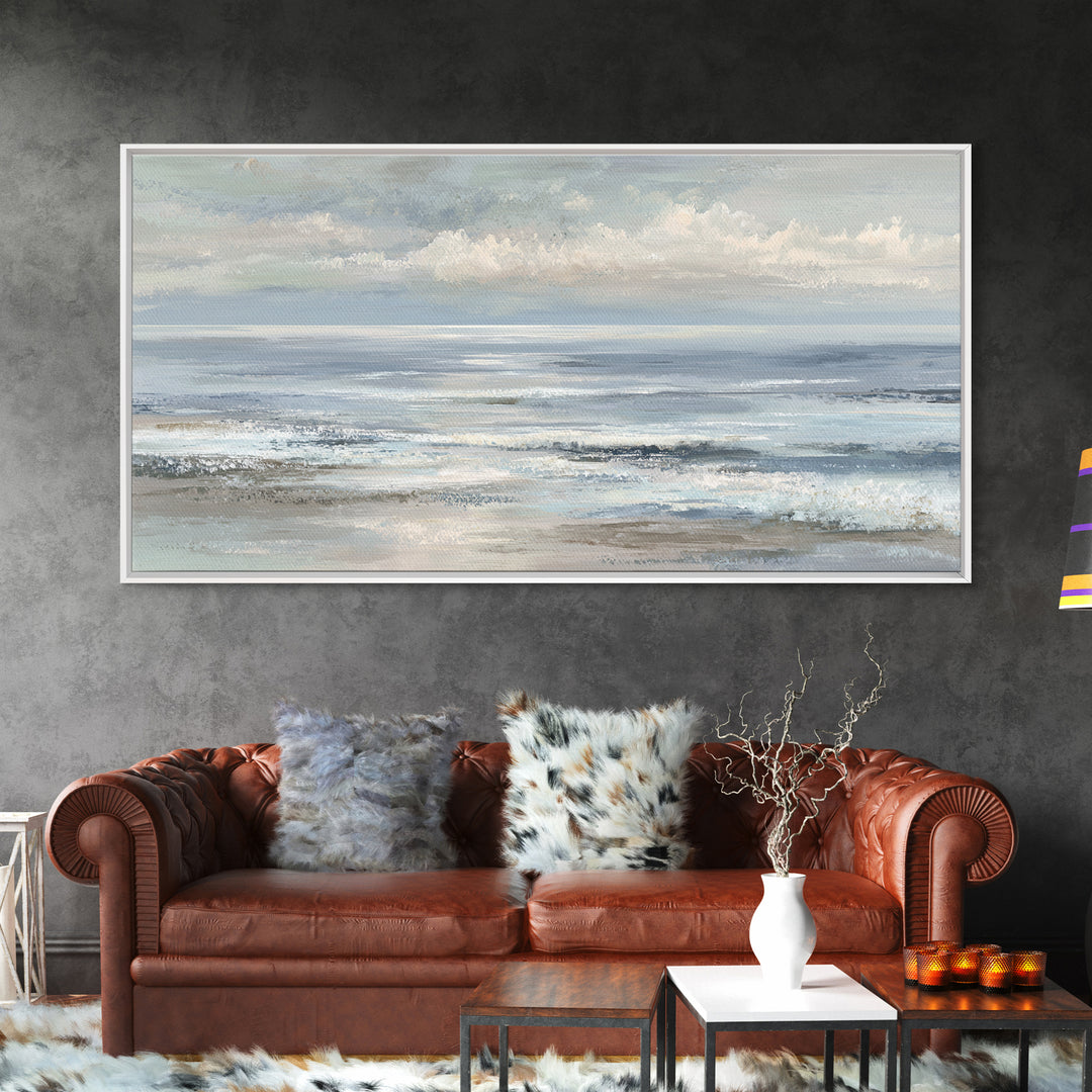 Peaceful Ocean Horizon Framed Canvas Print, Medical Office Art, Office Decor, Oil Painting, Calm, Teal Wall Art, MOA-2x1-24