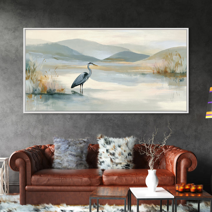 Blue Heron Standing Framed Canvas Print, Medical Office Art, Art Print, Office Decor, Calm, Printable Art, Minimalist Art, MOA-2x1-34