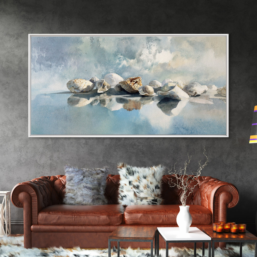 Coastal Shells and Water Study Framed Canvas Print, Medical Office Art, Home Decor, Office Decor, Fine Art, Calm, Medical Art, MOA-2x1-40