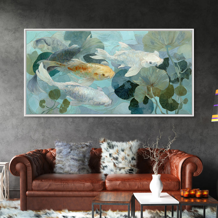 Calm Koi Fish Swimming Through Clear Water Framed Canvas Print, Medical Office Art, Statement Artwork, Office Decor, Calm, MOA-2x1-42