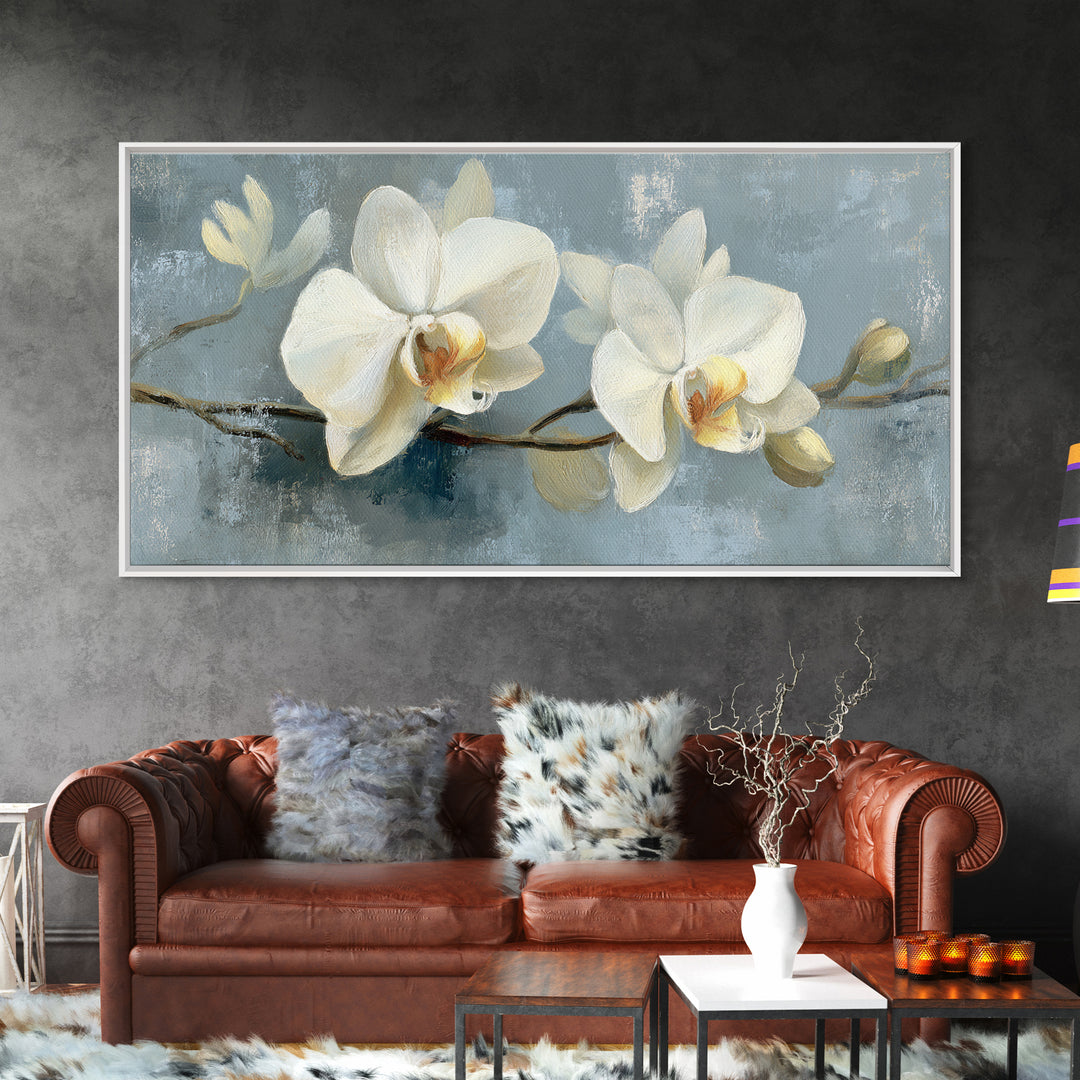 White Orchid on Gray Stone Surface Framed Canvas Print, Medical Office Art, Minimalist Decor, Office Decor, Fine Art, Calm, MOA-2x1-50