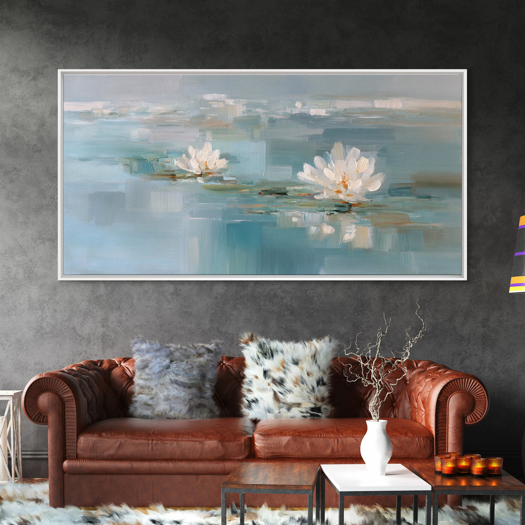 Lotus Flower Floating on Still Water Framed Canvas Print, Medical Office Art, Medical Art, Office Decor, Fine Art, Calm, MOA-2x1-55