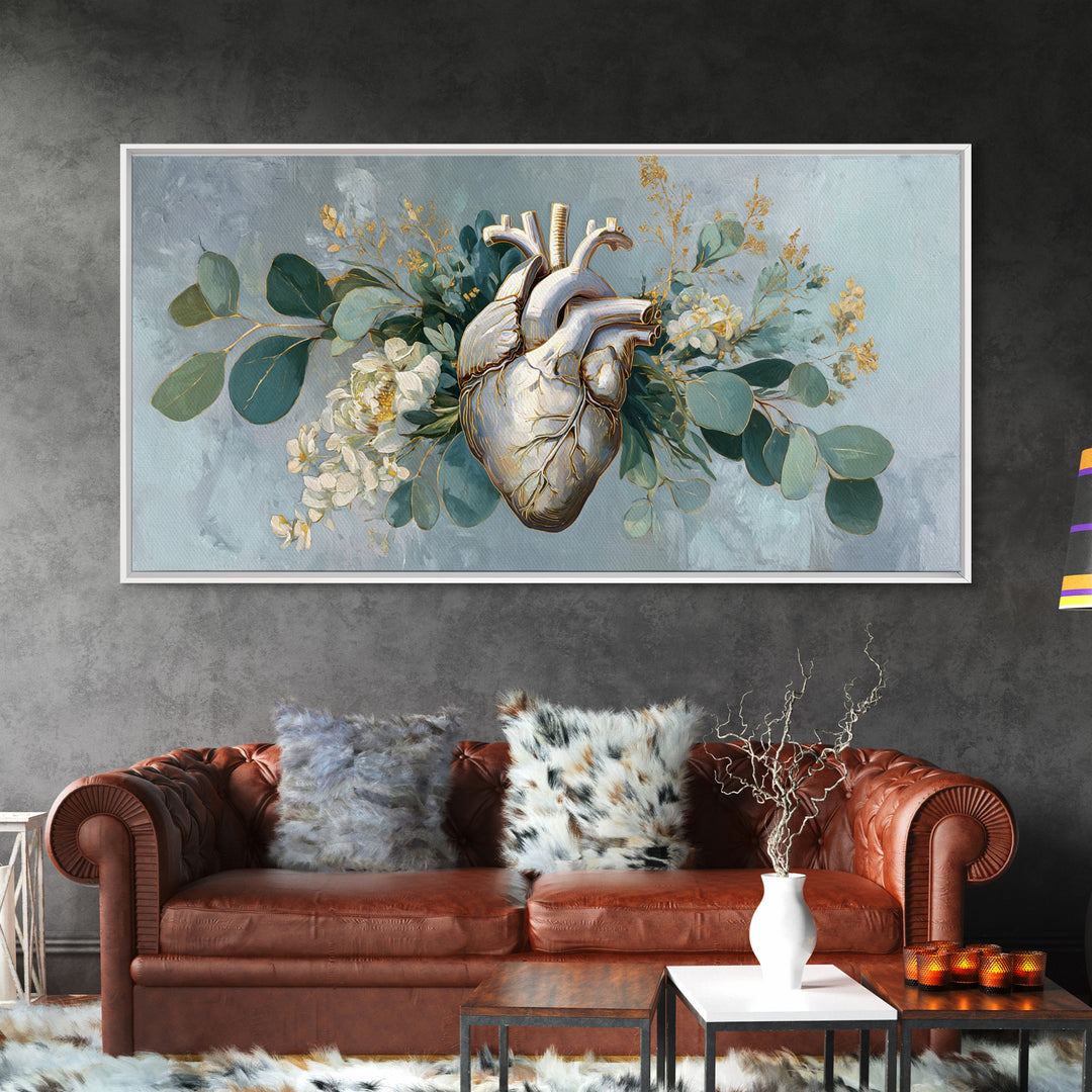 Anatomical Heart Rendered as Tasteful Botanical Art Canvas Print, Medical Office Art, Digital Art, Office Decor, Watercolor Art, MOA-2x1-57