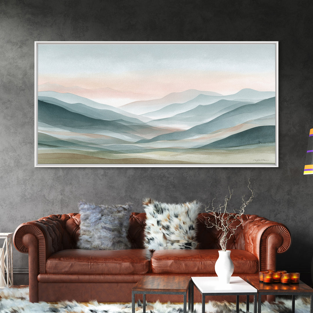 Minimal Sunrise over Rounded Hills Framed Canvas Print, Medical Office Art, Science Art, Office Decor, Fine Art, Calm, MOA-2x1-67