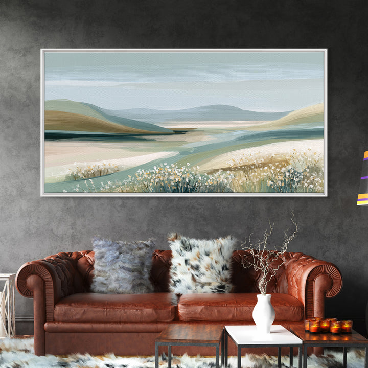 Sunlit Meadow with Wildflowers and Calm Mood Framed Canvas Print, Medical Office Art, Luxury Decor, Office Decor, MOA-2x1-8
