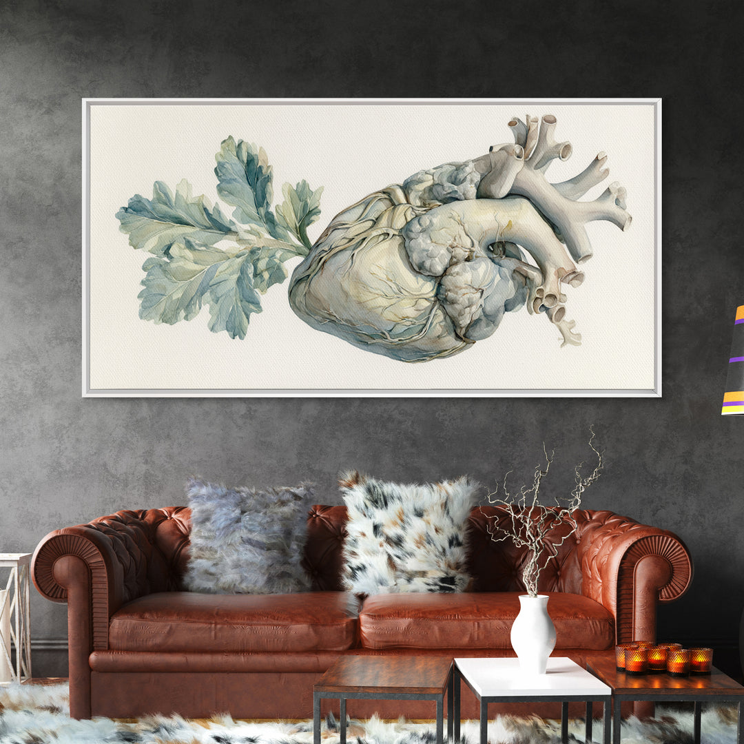 Anatomical Heart Rendered as Tasteful Botanical Art Canvas Print, Medical Office Art, Minimalist Art, Office Decor, Calm, MOA-2x1-81