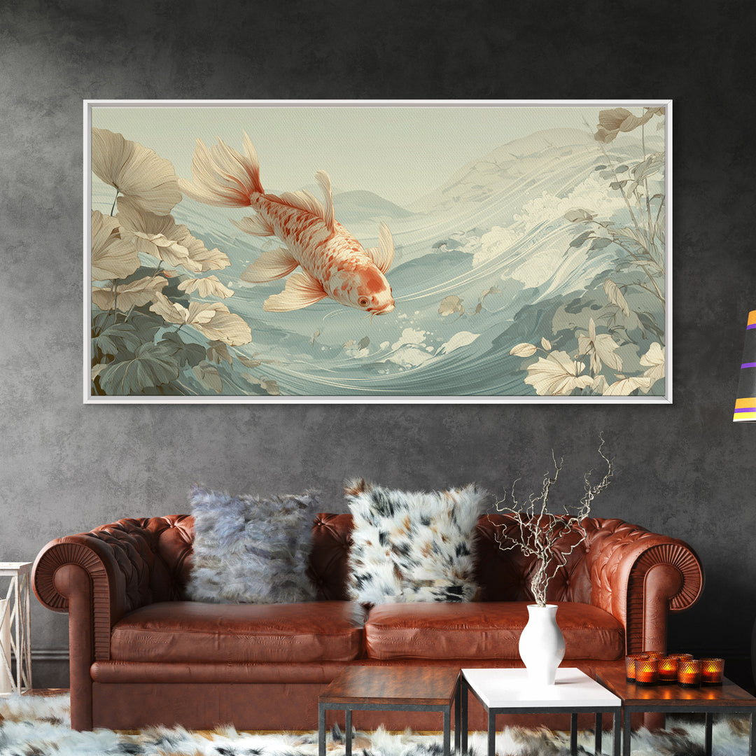 Calm Koi Fish Swimming Through Clear Water Framed Canvas Print, Medical Office Art, Office Decor, Oil Painting, Calm, MOA-2x1-90