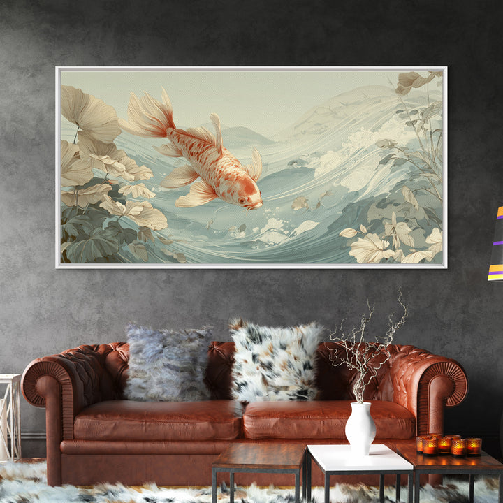 Calm Koi Fish Swimming Through Clear Water Framed Canvas Print, Medical Office Art, Office Decor, Oil Painting, Calm, MOA-2x1-90