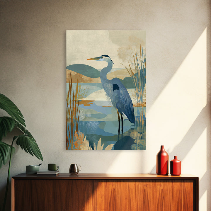 Blue Heron Standing Framed Canvas Print, Medical Office Art, Textured Painting, Office Decor, Fine Art, Calm, Minimalist Art, MOA-2x3-22