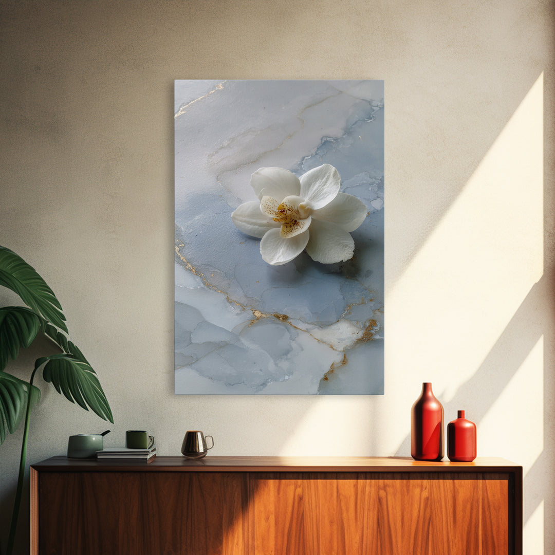 White Orchid on Gray Stone Surface Framed Canvas Print, Medical Office Art, Wall Art, Office Decor, Calm, Printable Card, MOA-2x3-38