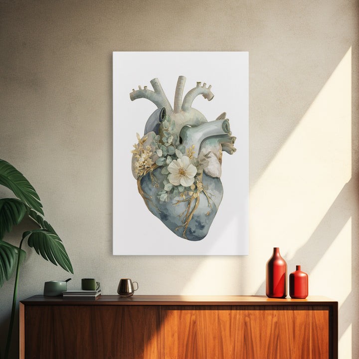 Anatomical Heart Rendered as Tasteful Botanical Art Canvas Print, Medical Office Art, Office Decor, Oil Painting, Calm, MOA-2x3-45