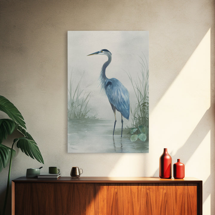 Blue Heron Standing Framed Canvas Print, Medical Office Art, Textured Painting, Office Decor, Fine Art, Calm, Minimalist Art, MOA-2x3-46
