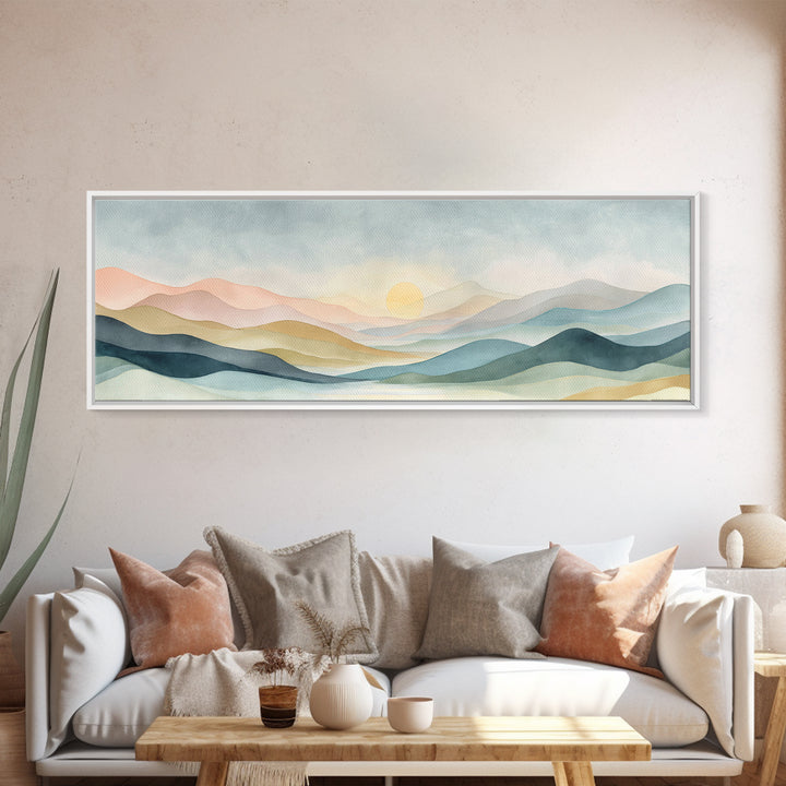 Minimal Sunrise over Rounded Hills Framed Canvas Print, Medical Office Art, Science Art, Office Decor, Fine Art, Calm, MOA-3x1-15