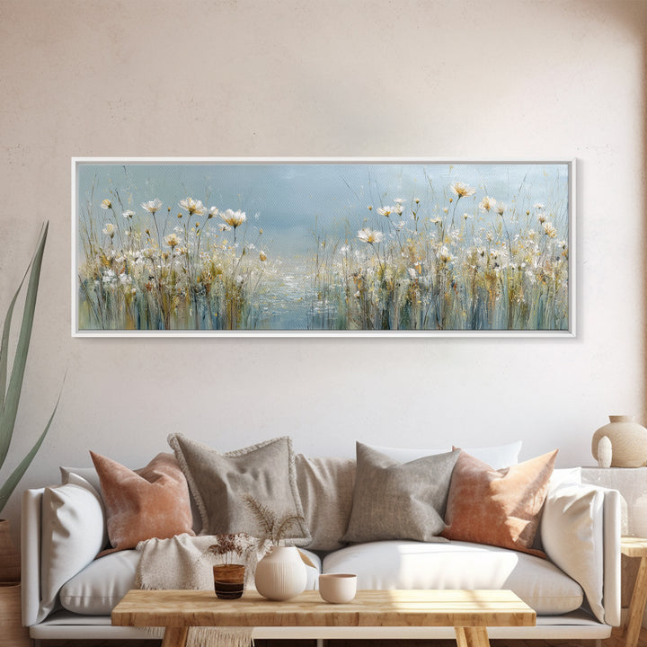 Sunlit Meadow with Wildflowers and Calm Mood Framed Canvas Print, Medical Office Art, Science Art, Office Decor, Watercolor Art, MOA-3x1-28