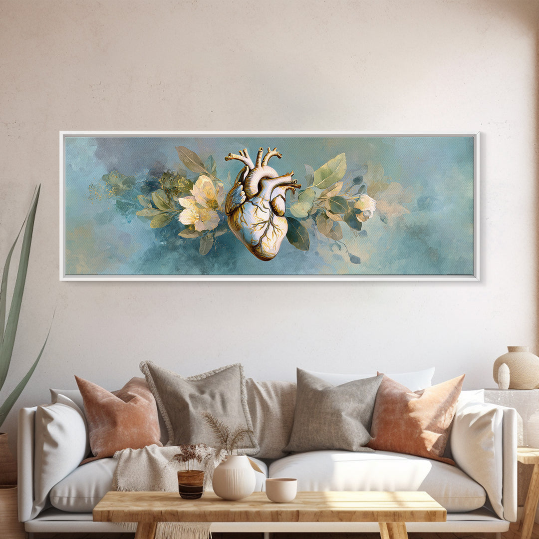 Anatomical Heart Rendered as Tasteful Botanical Art Canvas Print, Medical Office Art, Medical Office Decor, Office Decor, Calm, MOA-3x1-29