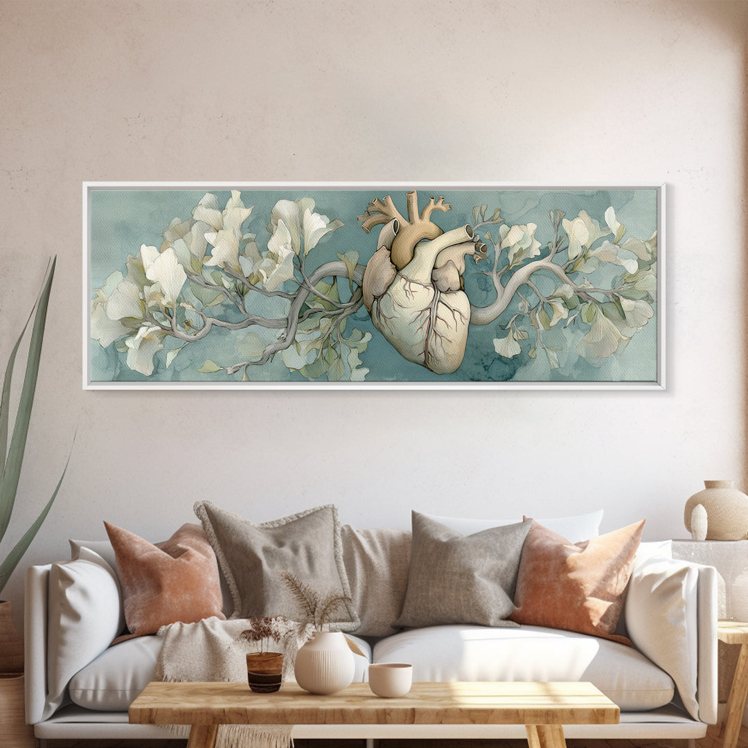 Anatomical Heart Rendered as Tasteful Botanical Art Canvas Print, Medical Office Art, Minimalist Art, Office Decor, Calm, MOA-3x1-5