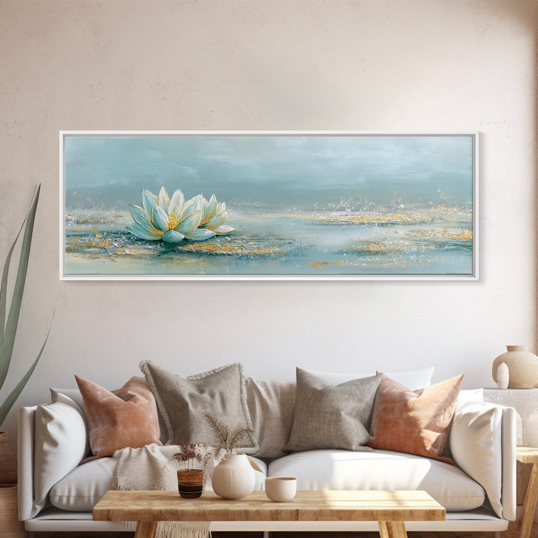 Lotus Flower Floating on Still Water Framed Canvas Print, Medical Office Art, Office Decor, Oil Painting, Calm, MOA-3x1-51