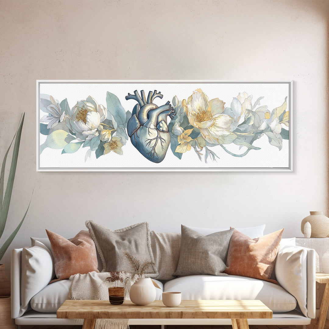 Anatomical Heart Rendered as Tasteful Botanical Art Canvas Print, Medical Office Art, Anatomy Poster, Office Decor, Calm, MOA-3x1-53