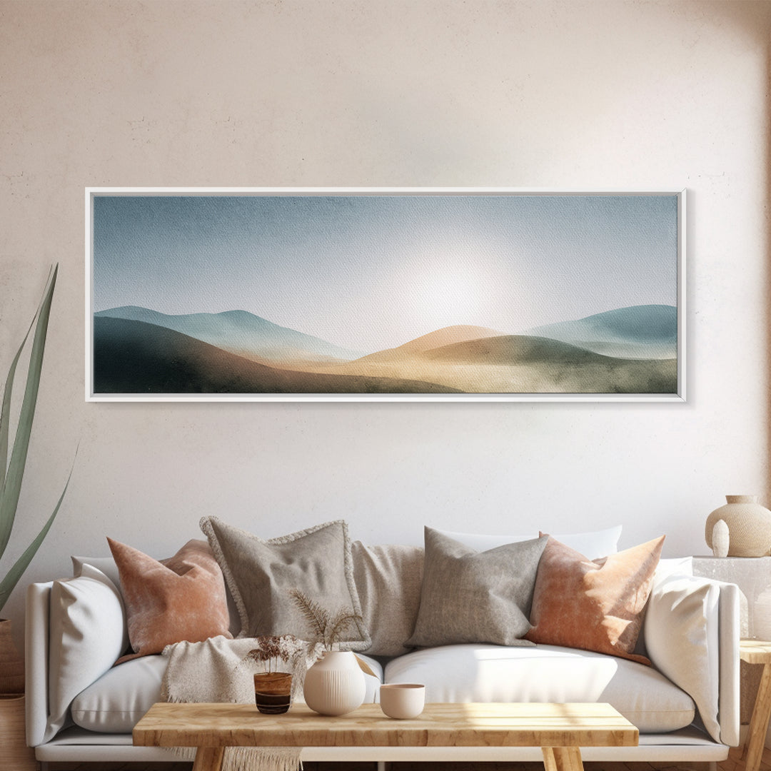 Minimal Sunrise over Rounded Hills Framed Canvas Print, Medical Office Art, Room Decor, Office Decor, Fine Art, Calm, MOA-3x1-63