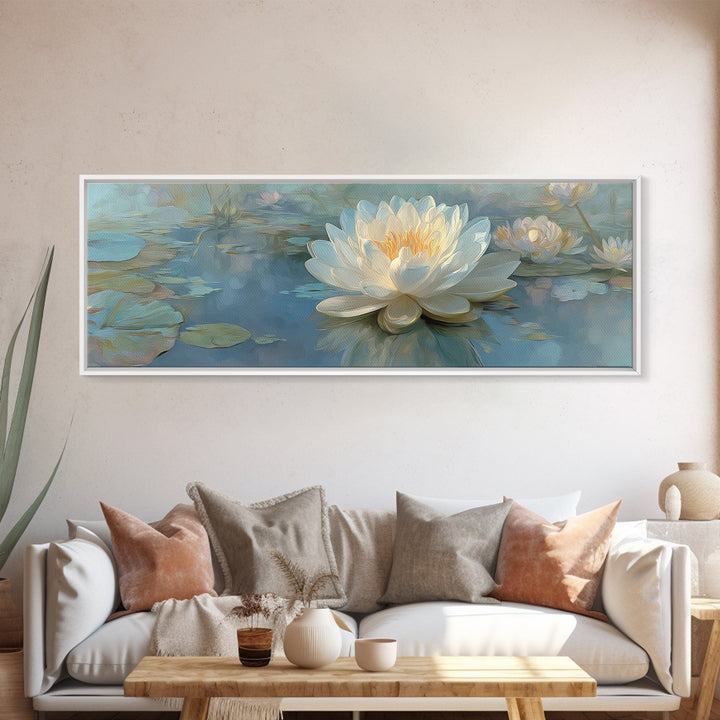 Lotus Flower Floating on Still Water Canvas Print, Medical Office Art, Teal Wall Art, Office Decor, Watercolor Art, Calm, MOA-3x1-75