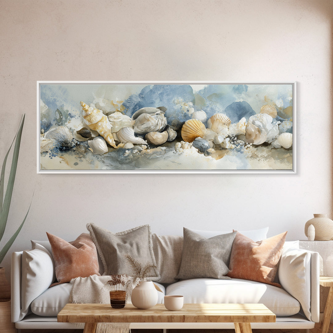 Coastal Shells and Water Study Framed Canvas Print, Medical Office Art, Digital Art, Office Decor, Calm, Medical Decor, MOA-3x1-84