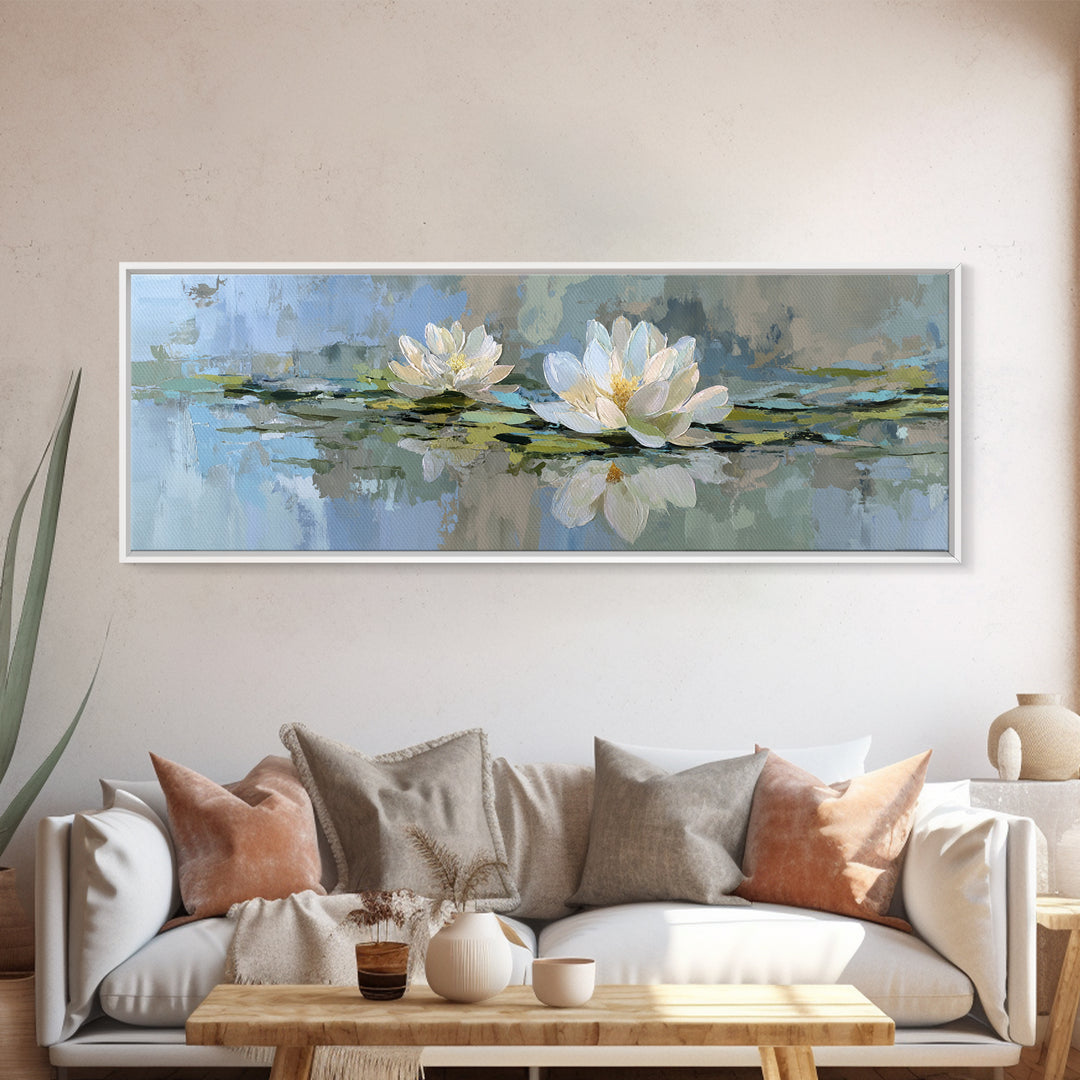 Lotus Flower Floating on Still Water Framed Canvas Print, Medical Office Art, Office Decor, Oil Painting, Calm, MOA-3x1-99