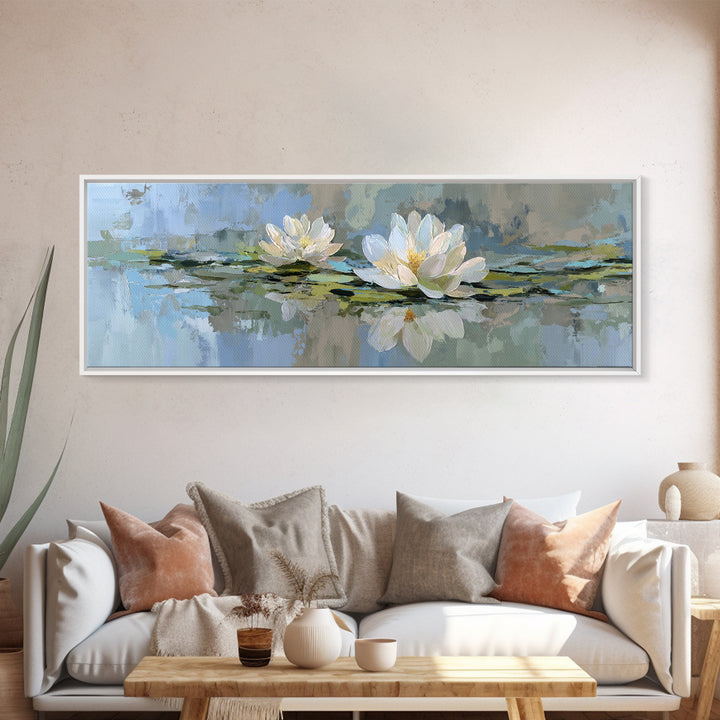 Lotus Flower Floating on Still Water Framed Canvas Print, Medical Office Art, Office Decor, Oil Painting, Calm, MOA-3x1-99