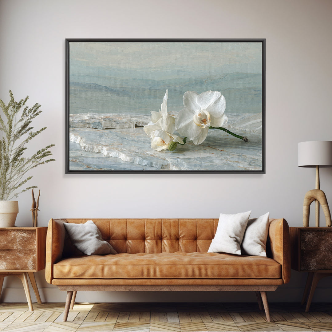 White Orchid on Gray Stone Surface Framed Canvas Print, Medical Office Art, Animal Art, Office Decor, Fine Art, Calm, MOA-3x2-10