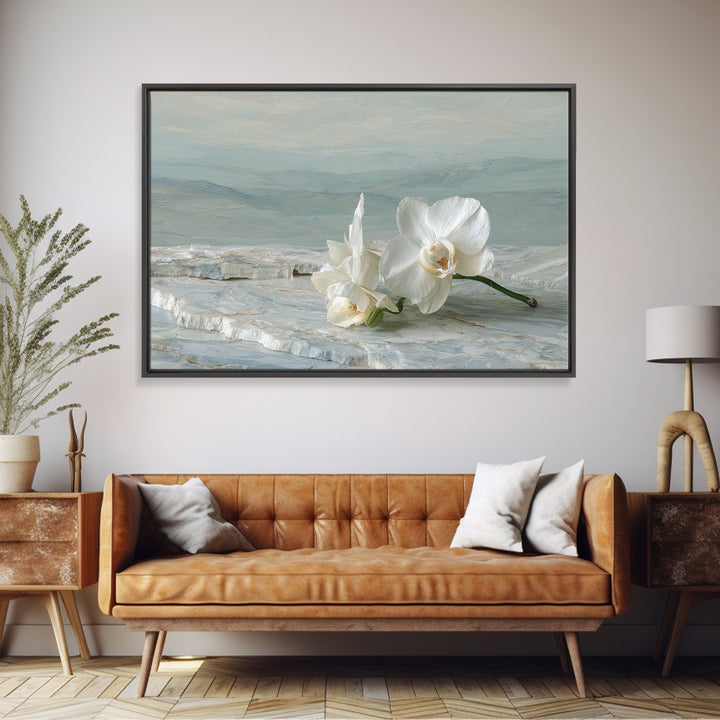 White Orchid on Gray Stone Surface Framed Canvas Print, Medical Office Art, Animal Art, Office Decor, Fine Art, Calm, MOA-3x2-10