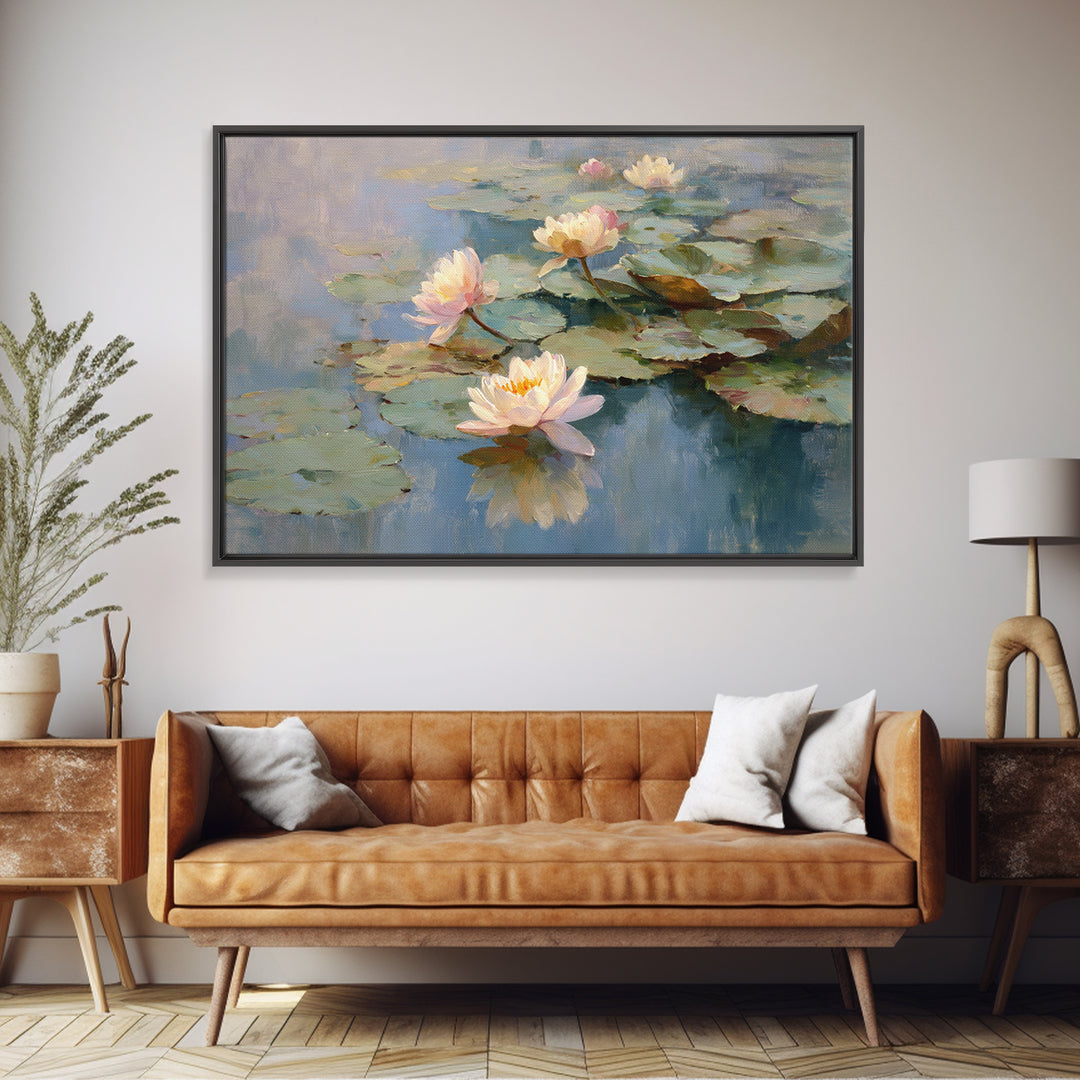 Lotus Flower Floating on Still Water Framed Canvas Print, Medical Office Art, Dental Office Decor, Office Decor, Oil Painting, MOA-3x2-63