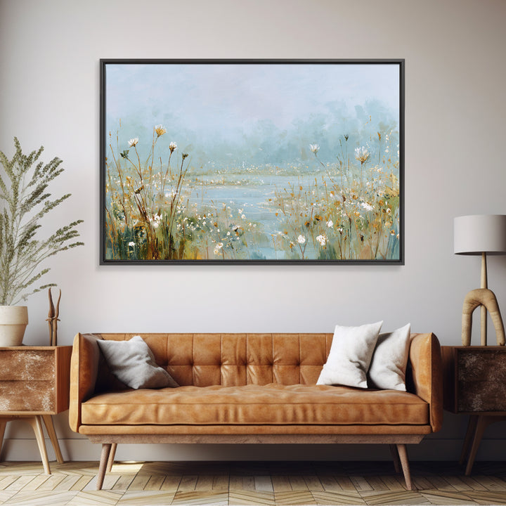 Sunlit Meadow with Wildflowers and Calm Mood Framed Canvas Print, Medical Office Art, Gallery Decor, Office Decor, Calm, MOA-3x2-64