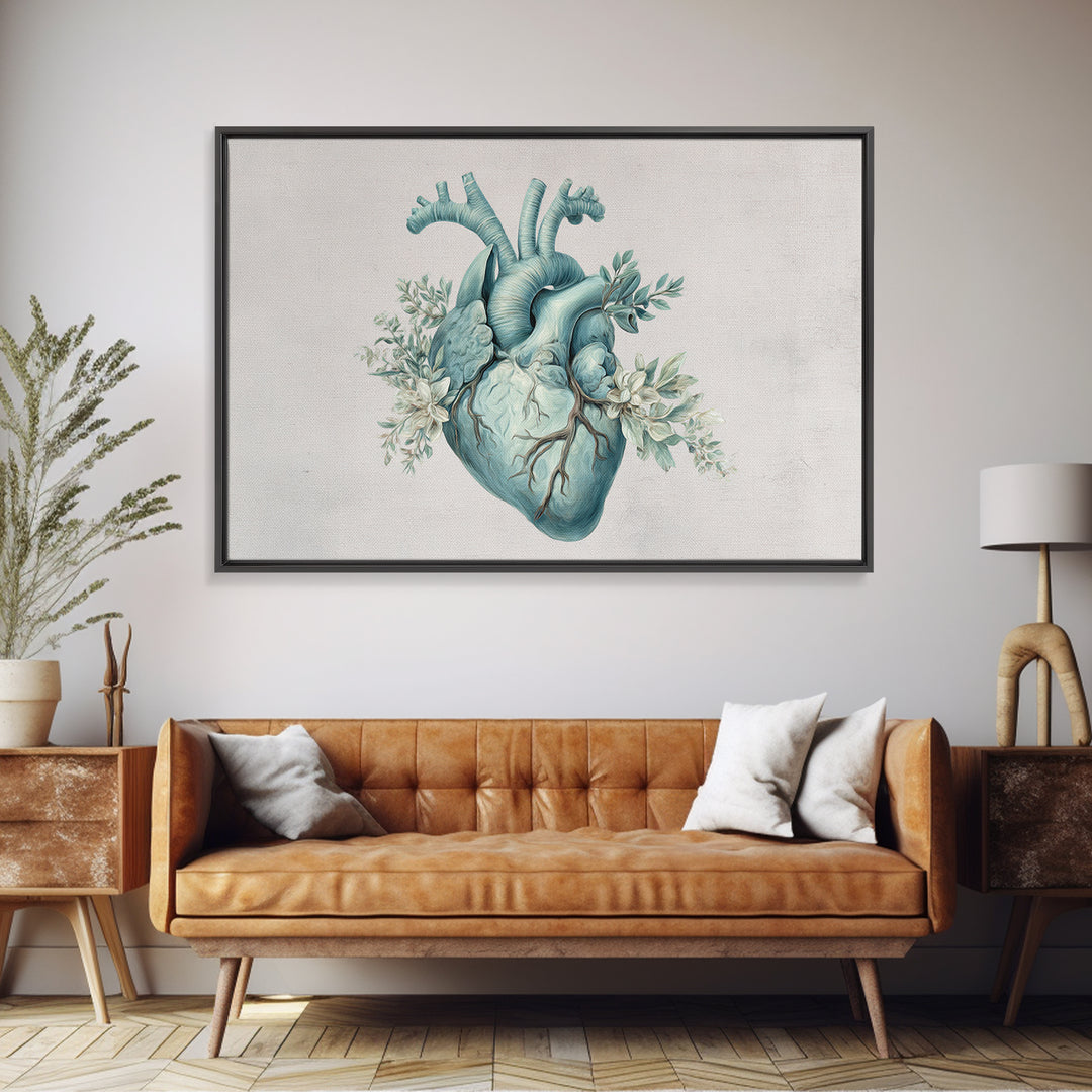 Anatomical Heart Rendered as Tasteful Botanical Art Framed Canvas Print, Medical Office Art, Anatomy Art, Office Decor, Calm, MOA-3x2-65